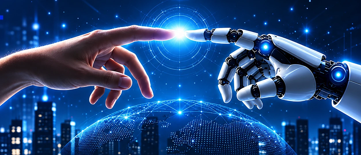 A human hand reaching toward a robotic hand over a glowing digital globe and city skyline