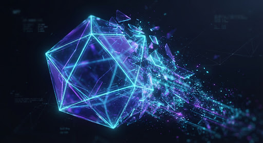 Glowing 3D polyhedron mesh breaking into particles